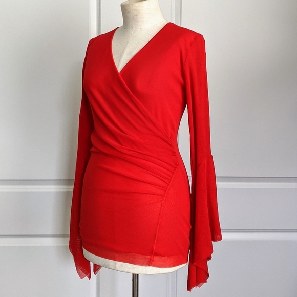 FUZZI Wrap Front V-Neckline Fine Mesh Knit Long Butterfly Bell Sleeves Red L NWT - Picture 11 of 16